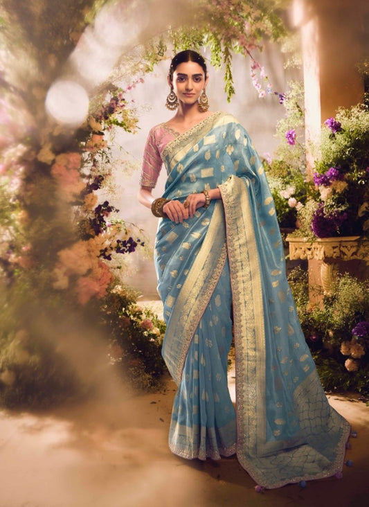 Women Blue And Pink Banarasi Saree