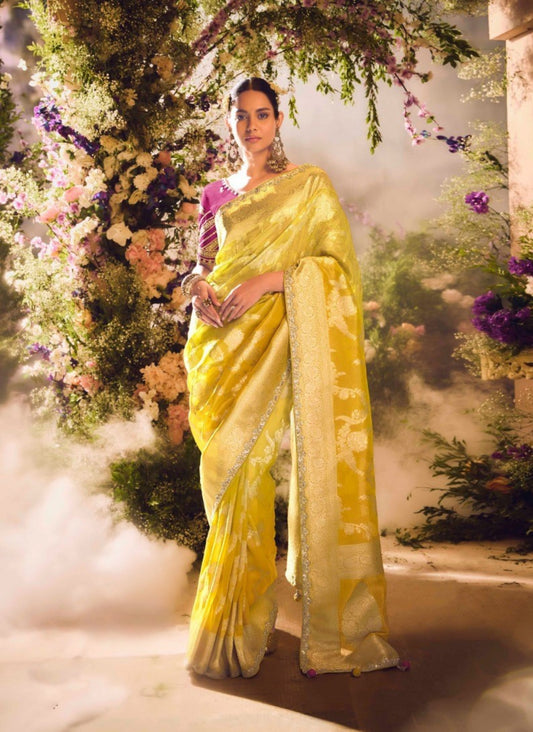 Attractive Yellow And Pink Banarasi Tissue Silk Sarees