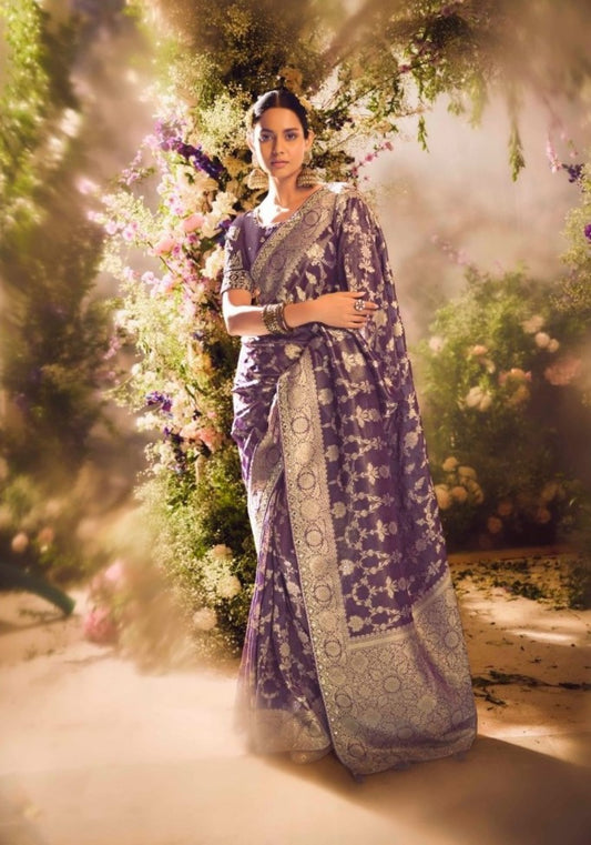 Amazing Purple Banarasi Silk  With Embroidery Work Saree