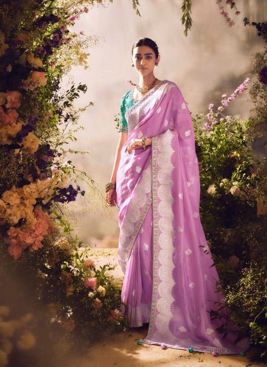 Pink And Teal Banarasi Zari Silk Embroidery Saree