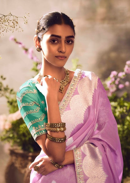Pink And Teal Banarasi Zari Silk Embroidery Saree