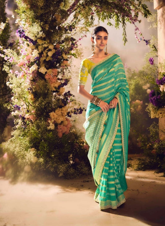 Pretty Teal And Yellow Banarasi Zari Silk Saree