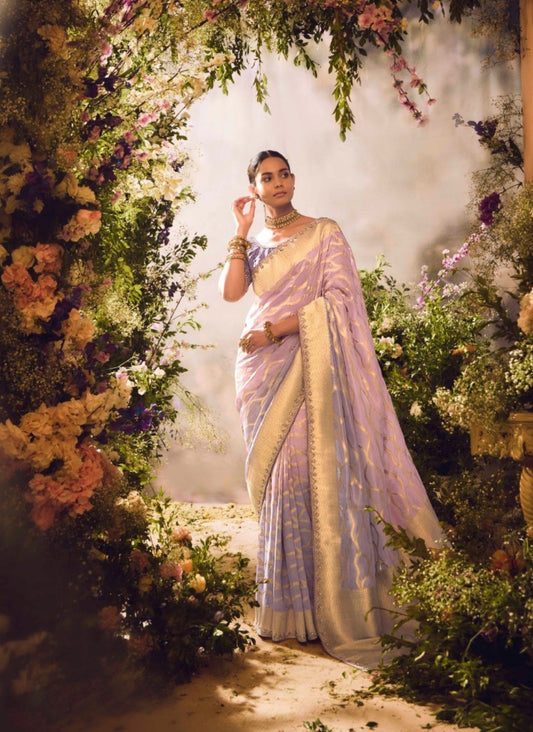Light Purple Banarasi Zari Tissue Silk Embroidery Saree