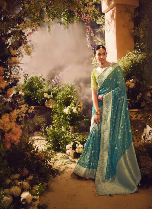 Trendy Teal Pista Green Banarasi Embroidery Saree