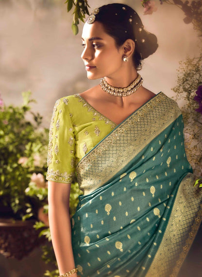 Trendy Teal Pista Green Banarasi Embroidery Saree