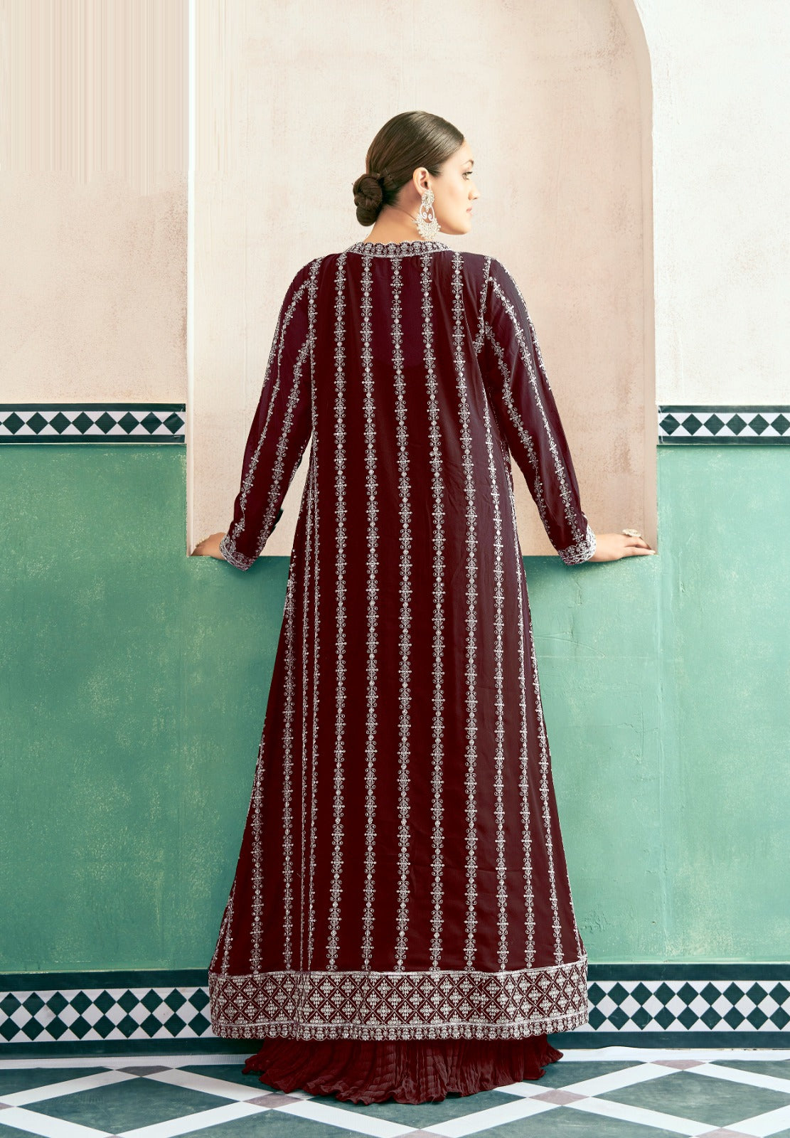 Pretty Maroon Georgette With Embroidery Work Gown With Jacket