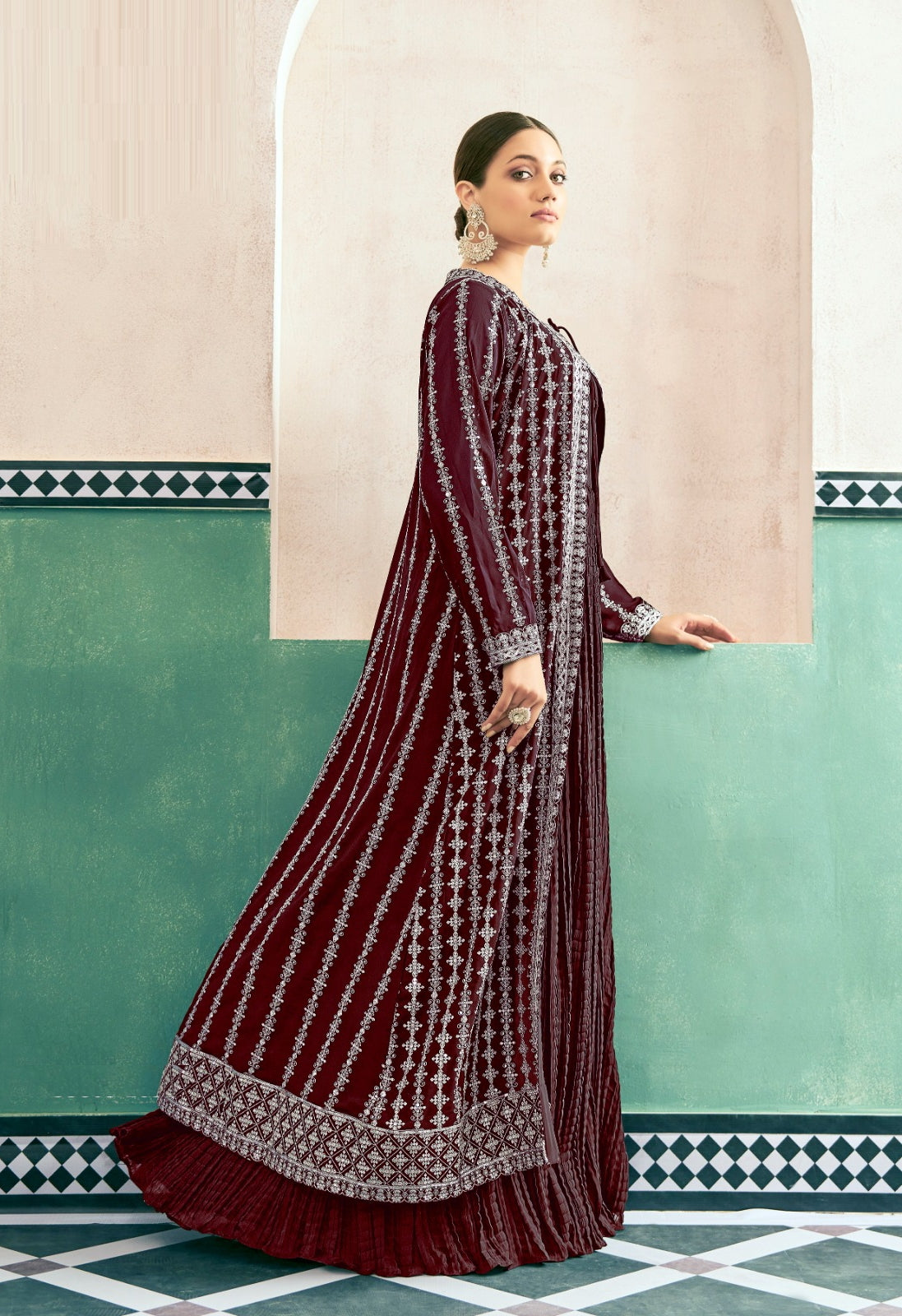 Pretty Maroon Georgette With Embroidery Work Gown With Jacket