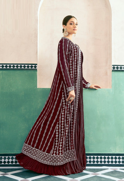 Pretty Maroon Georgette With Embroidery Work Gown With Jacket