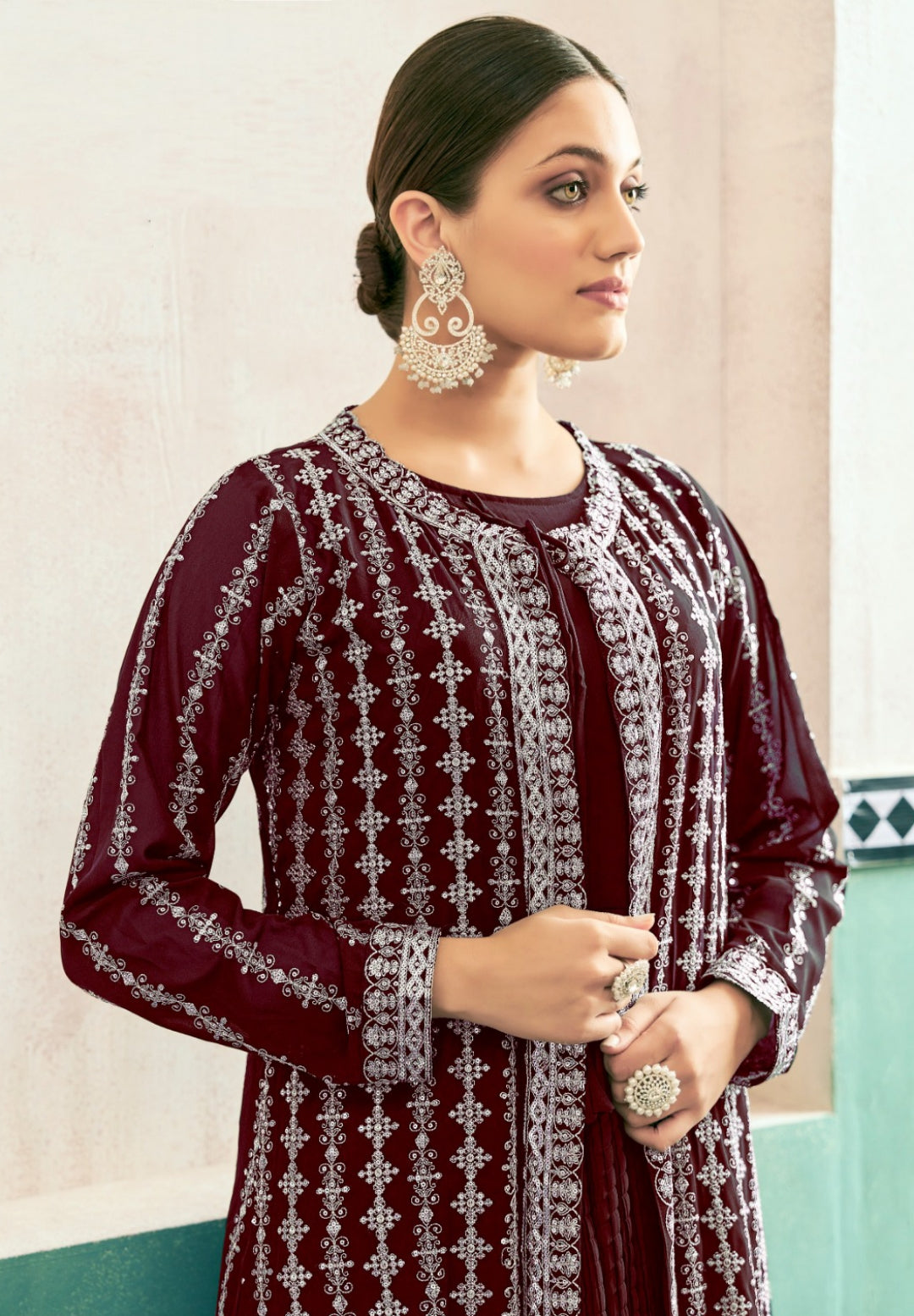 Pretty Maroon Georgette With Embroidery Work Gown With Jacket