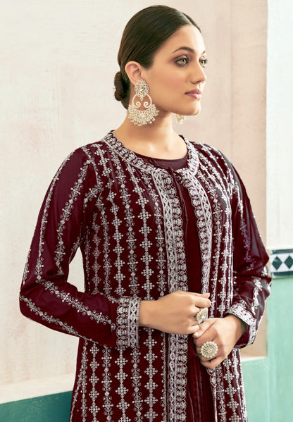 Pretty Maroon Georgette With Embroidery Work Gown With Jacket