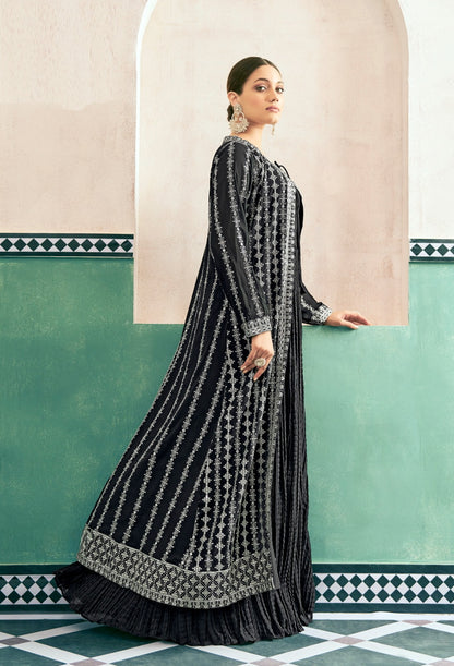 Charming Black Georgette With Embroidery Work Gown With Jacket