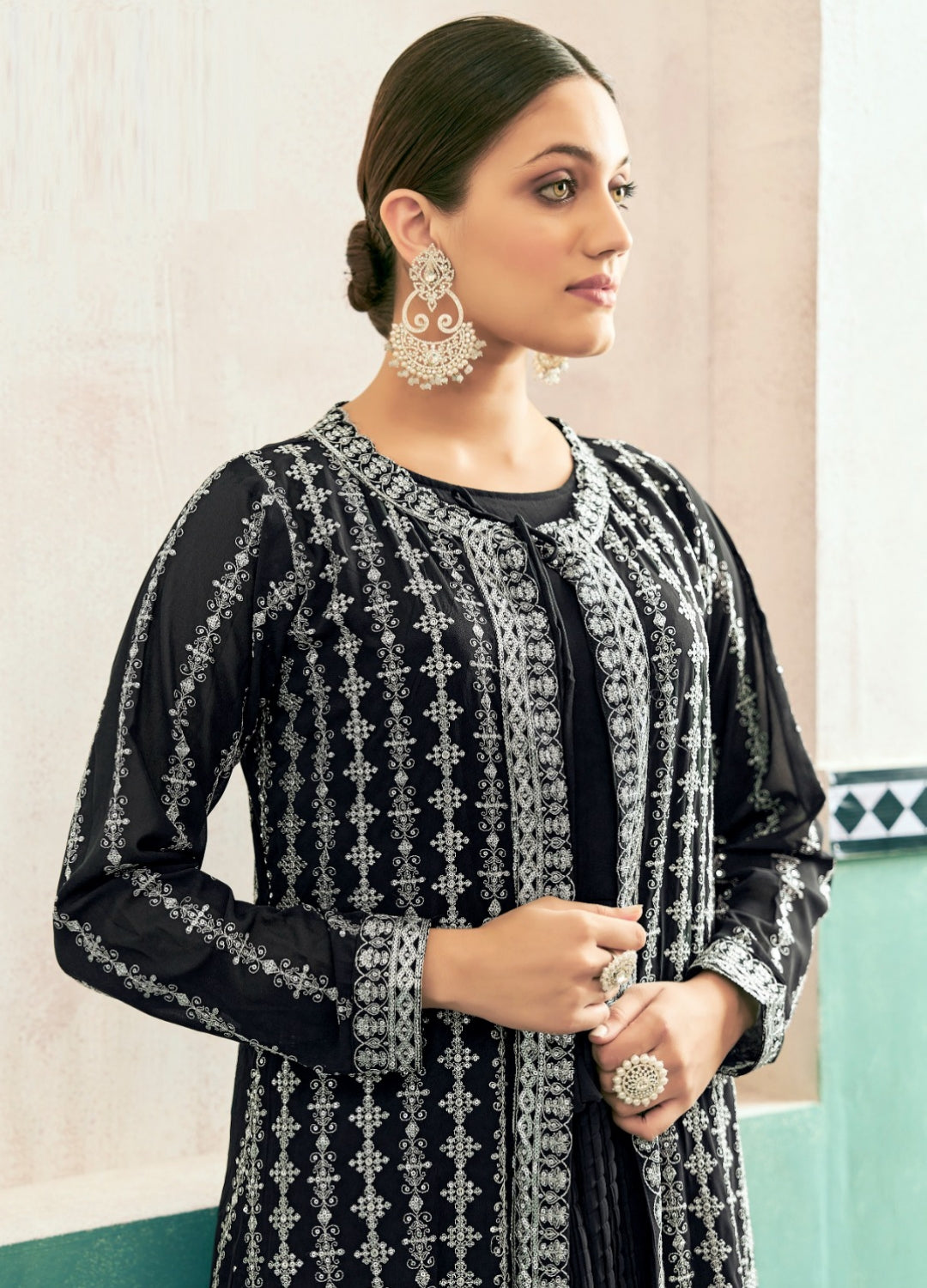 Charming Black Georgette With Embroidery Work Gown With Jacket