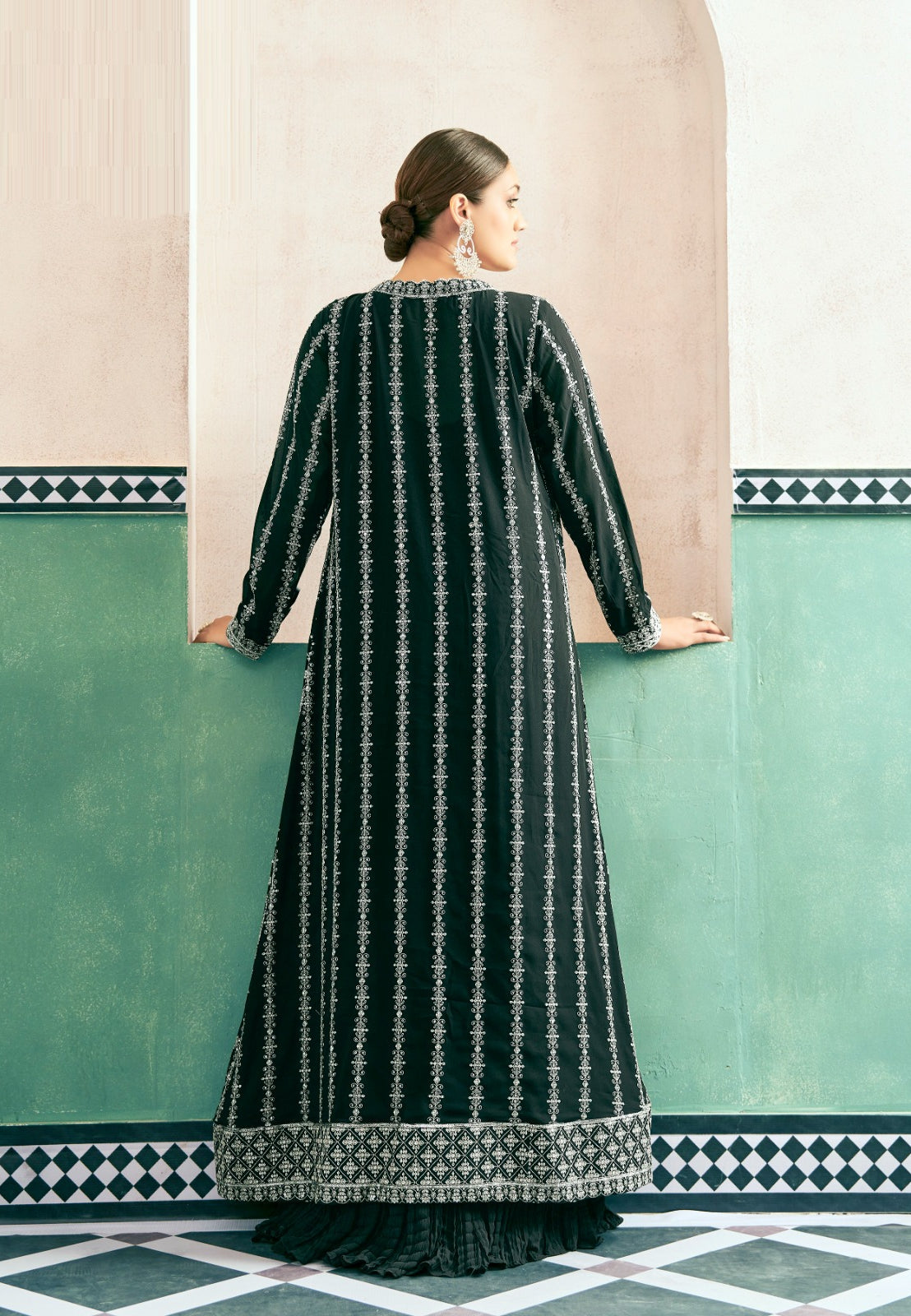 Comfy Green Georgette With Embroidery Work Gown With Jacket