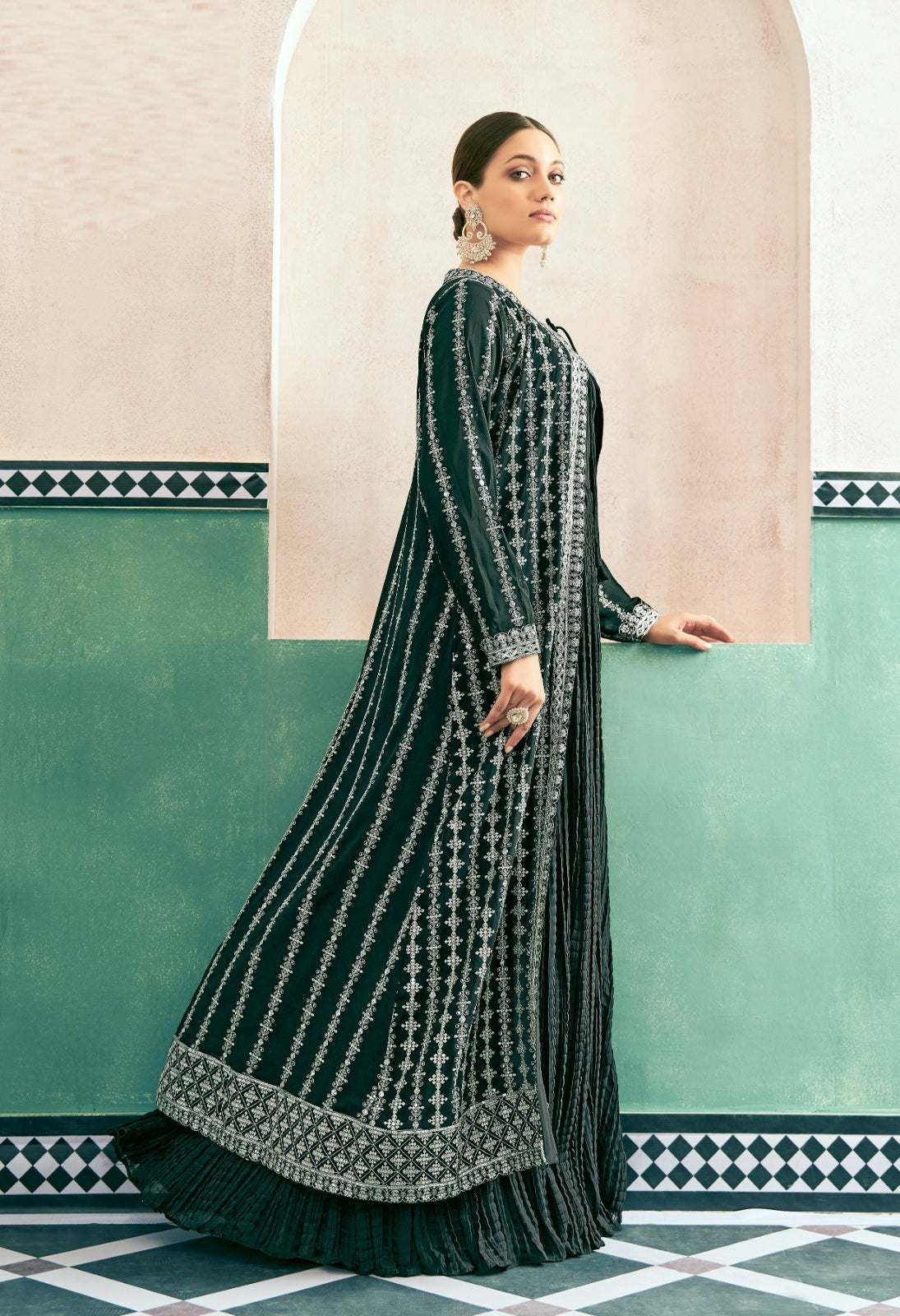 Comfy Green Georgette With Embroidery Work Gown With Jacket