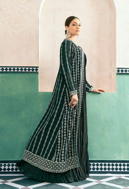 Comfy Green Georgette With Embroidery Work Gown With Jacket