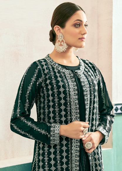 Comfy Green Georgette With Embroidery Work Gown With Jacket