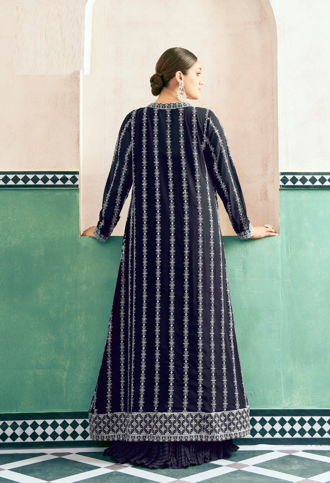 Magnificent Navy Blue Georgette With Embroidery Work Gown With Jacket