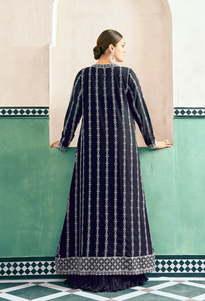 Magnificent Navy Blue Georgette With Embroidery Work Gown With Jacket