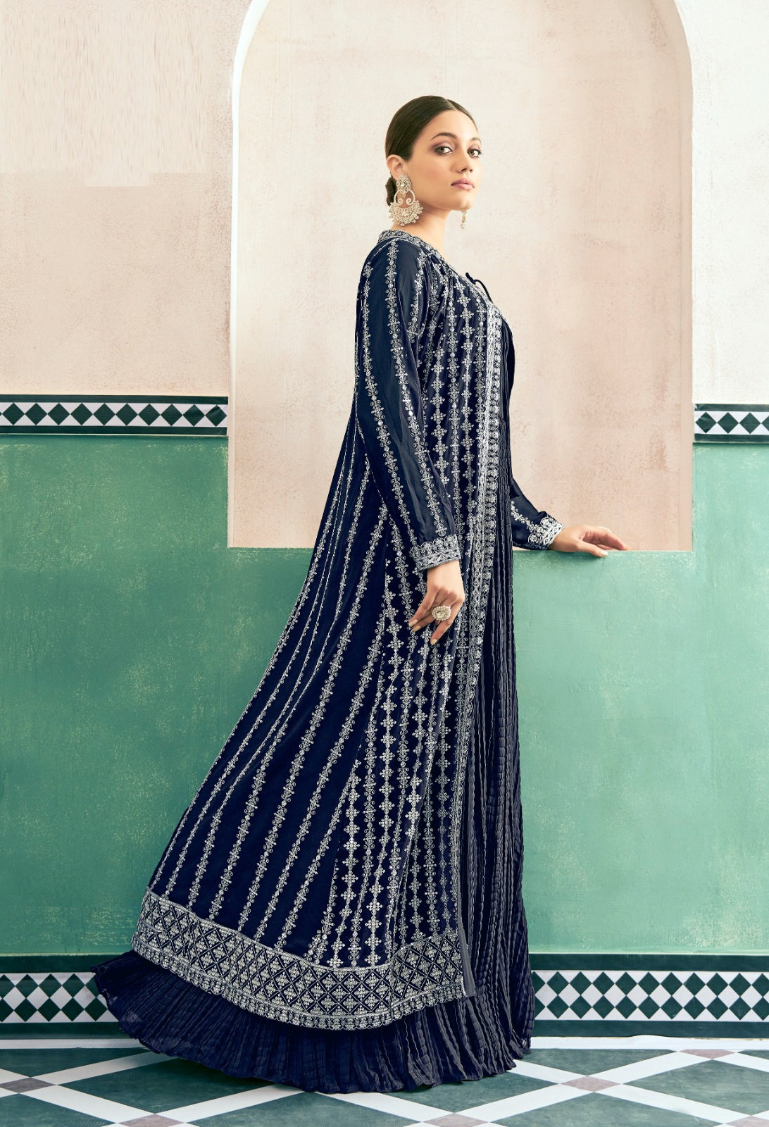 Magnificent Navy Blue Georgette With Embroidery Work Gown With Jacket