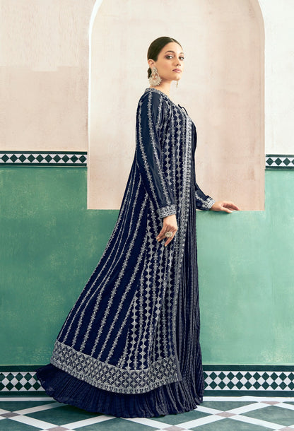 Magnificent Navy Blue Georgette With Embroidery Work Gown With Jacket
