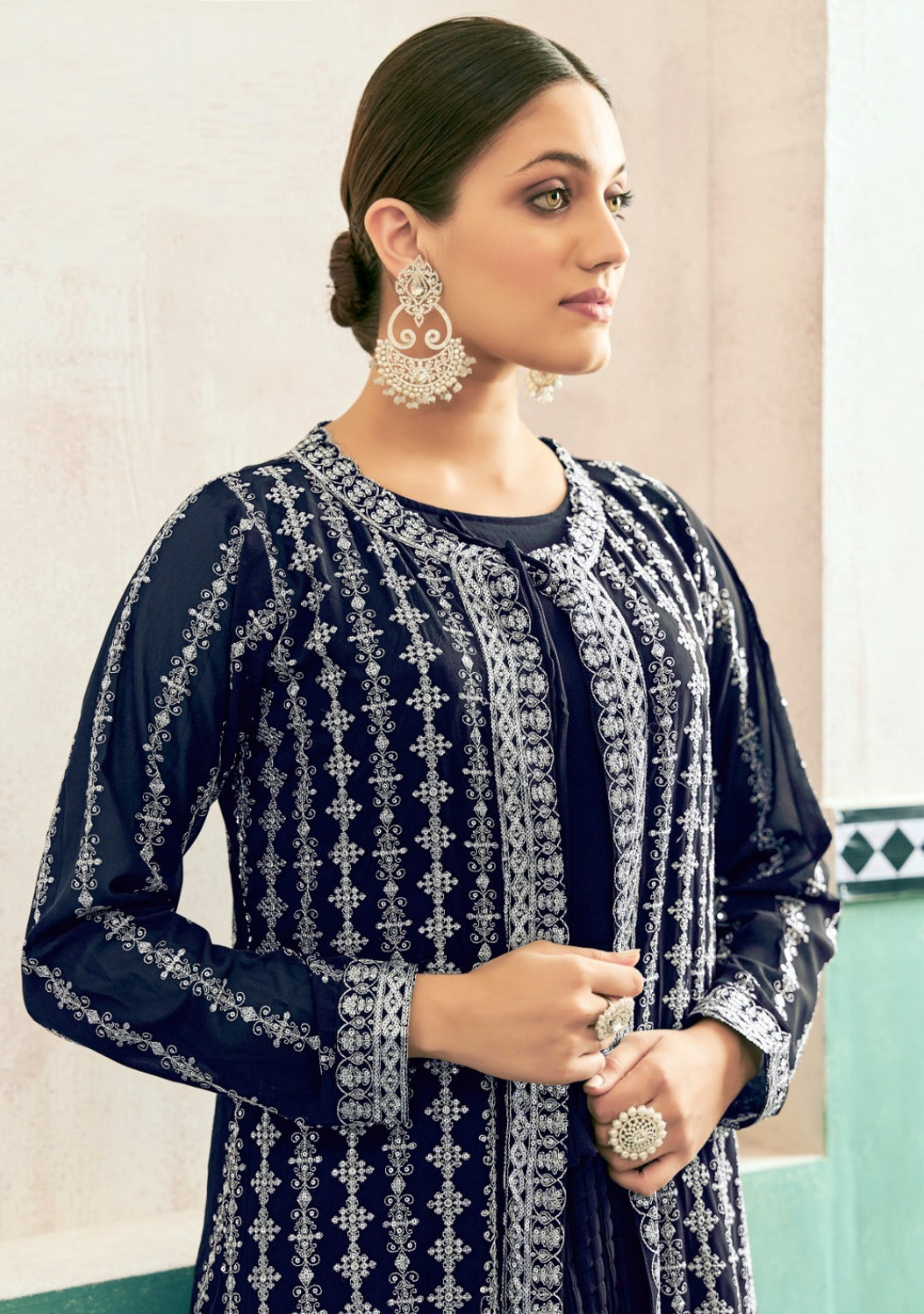 Magnificent Navy Blue Georgette With Embroidery Work Gown With Jacket