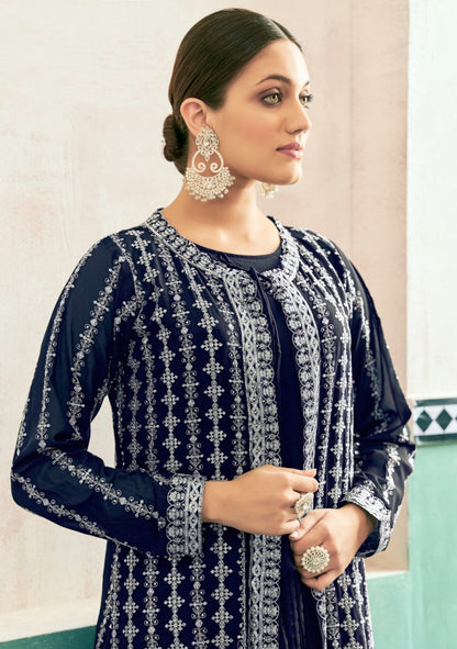 Magnificent Navy Blue Georgette With Embroidery Work Gown With Jacket