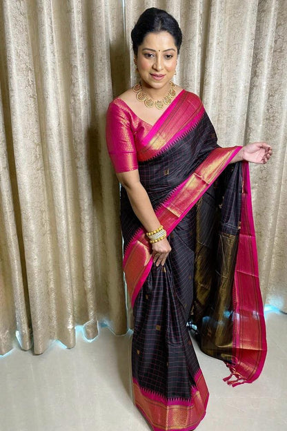 Women Black And Pink Banarasi Soft Silk Saree