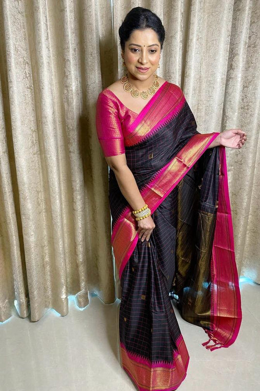 Women Black And Pink Banarasi Soft Silk Saree