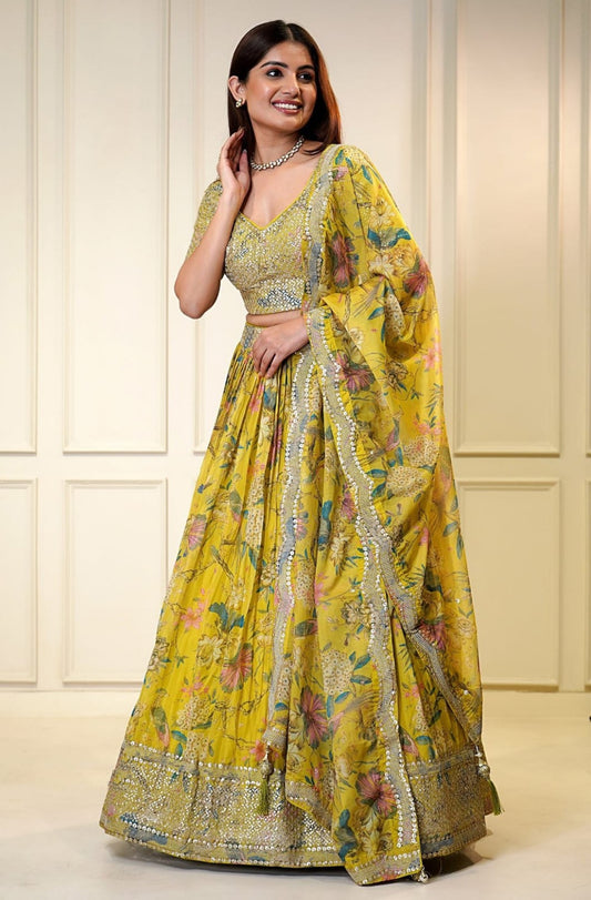 Beautiful Yellow Organza Floral Print Lehenga