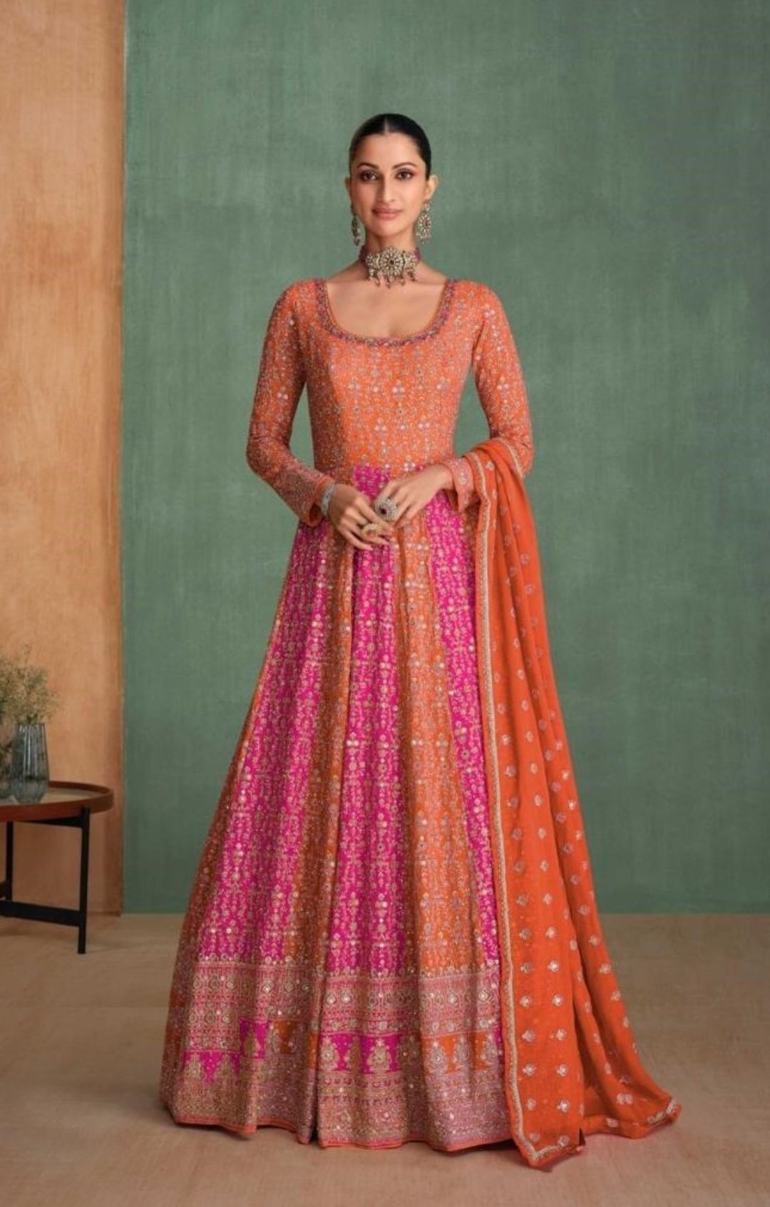 Designer Orange And Pink Georgette Embroidery Gown With Dupatta