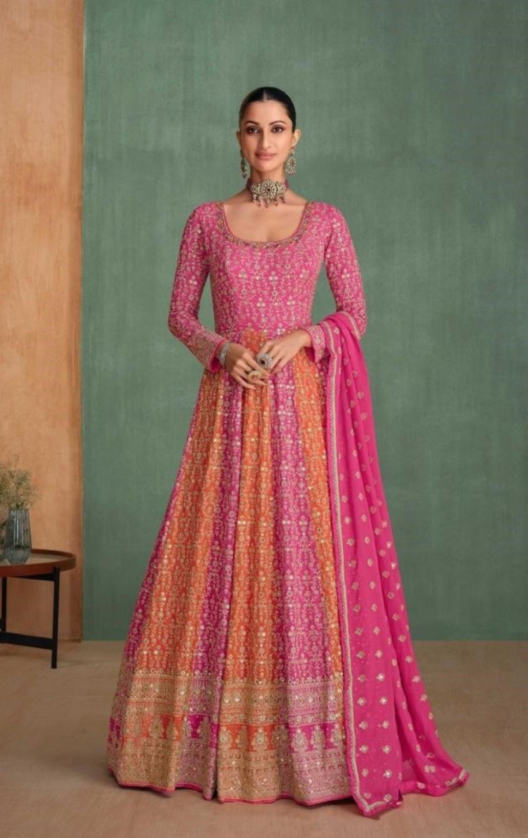 Fancy Pink And Orange Georgette Embroidery Gown With Dupatta