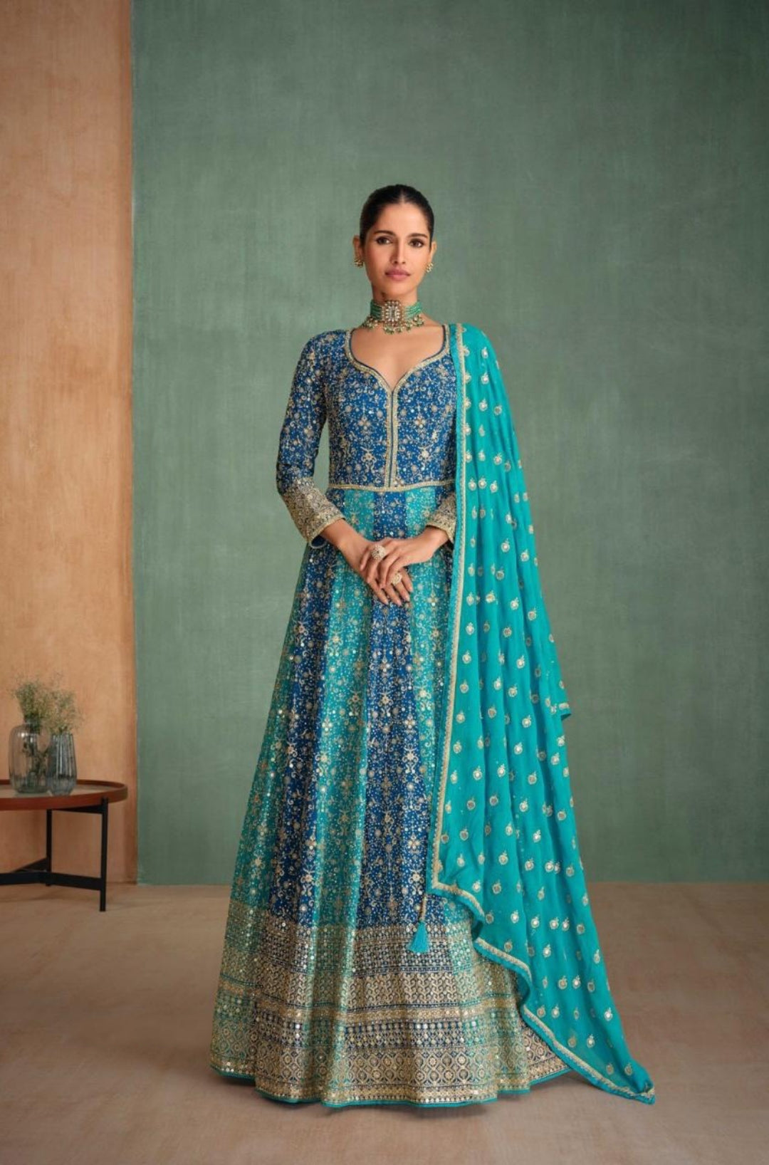 Embroidery Teal And Blue Georgette Gown With Dupatta