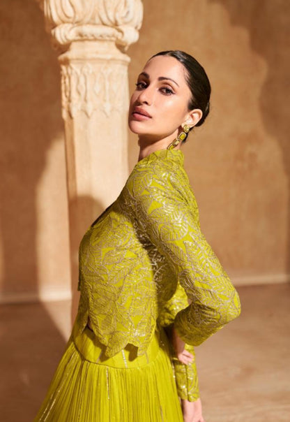 Vibrant Neon Green Georgette Indo Western Dress