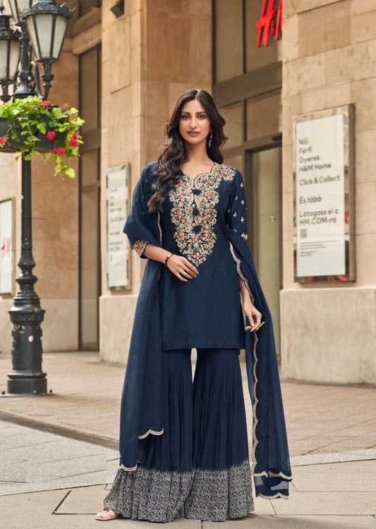 Navy Blue Silk Sharara Set With Dupatta