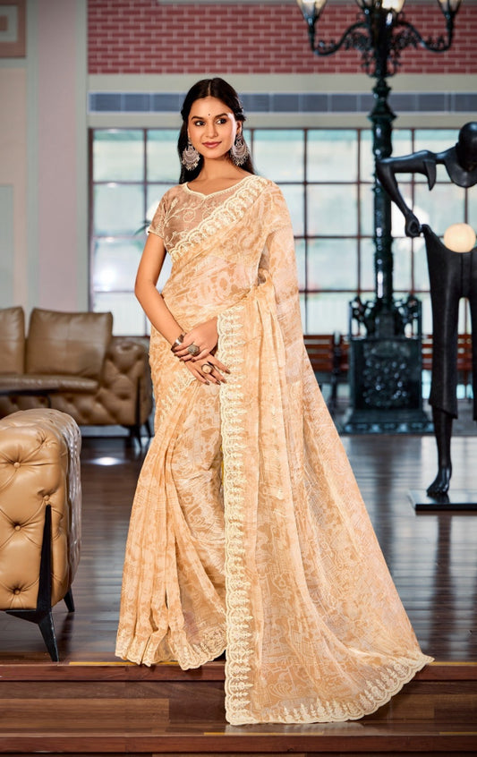 Women Peach Burberry Silk Carnival Saree