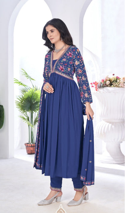 Women Navy Blue Blooming Georgette Anarkali Suit Set