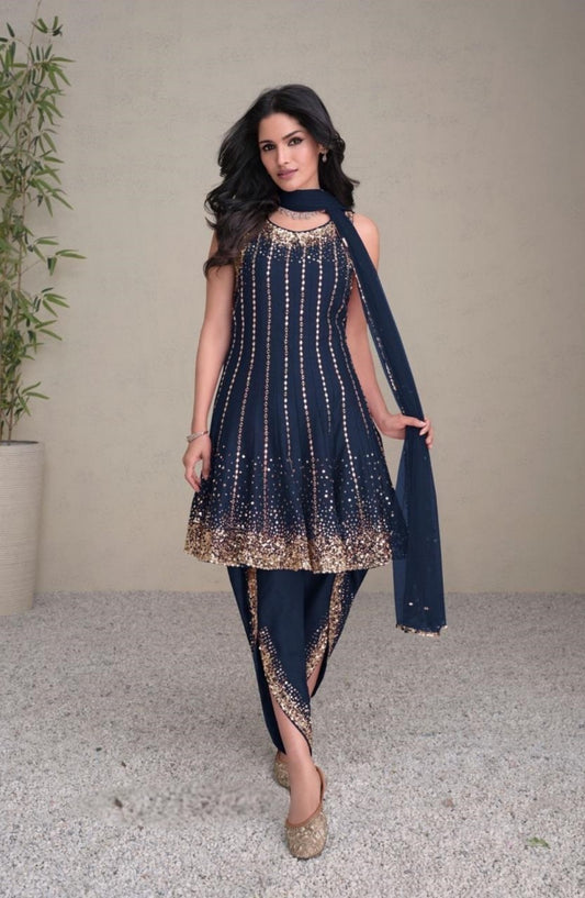 Women Navy Blue Silk Dhoti Pant Suit Set