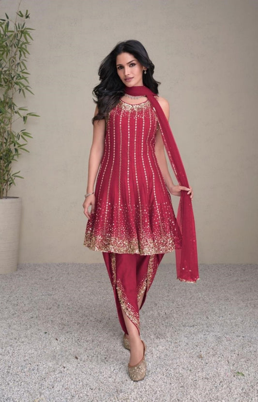 Women Pink Silk Dhoti Pant Suit Set
