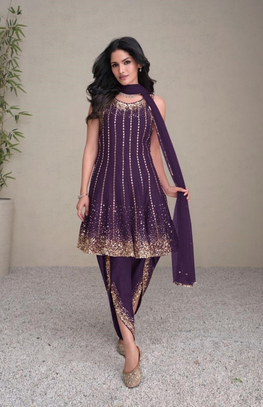 Women Purple Silk Dhoti Pant Suit Set