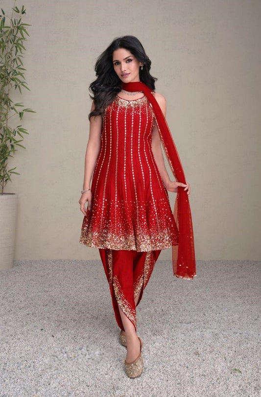 Women Red Silk Dhoti Pant Suit Set