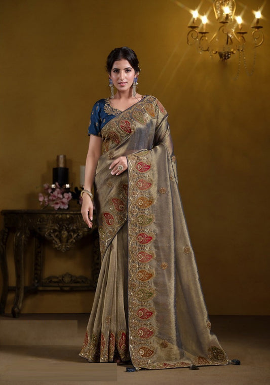 Effortless Blue Georgette With Zari Organza Silk Silk Embroidery Saree