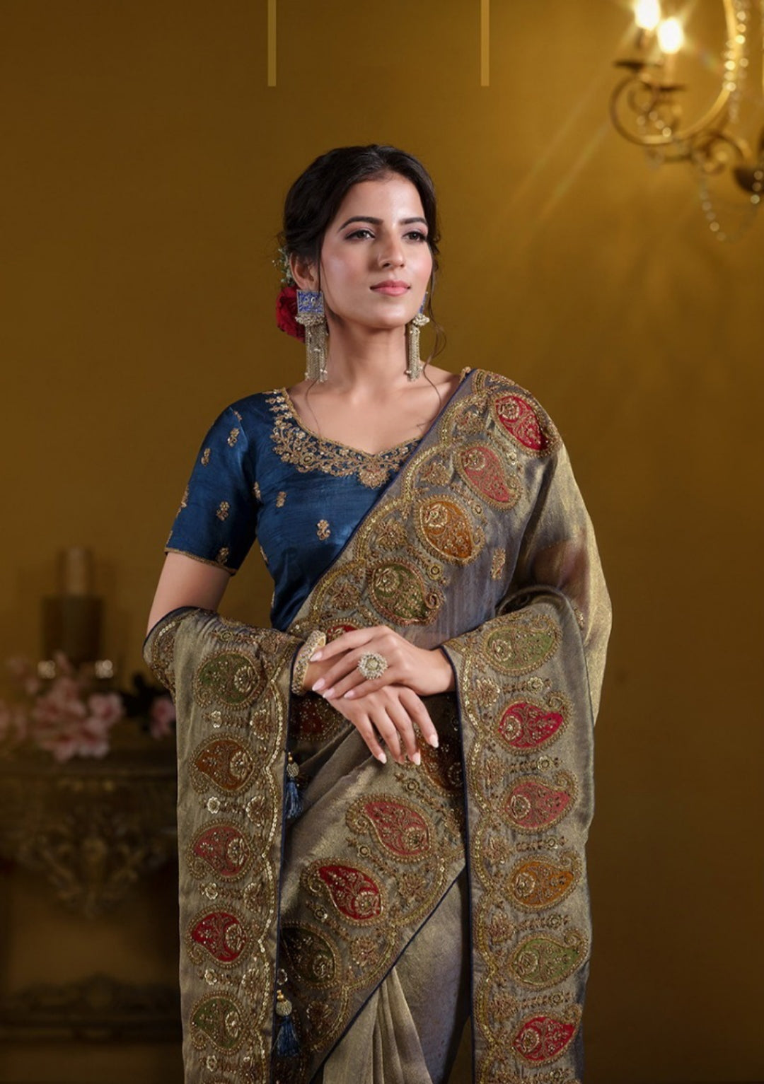 Effortless Blue Georgette With Zari Organza Silk Silk Embroidery Saree