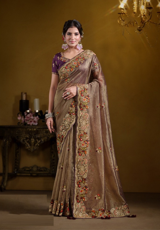 Flattering Purple Banarasi Crush Silk Embroidery Saree