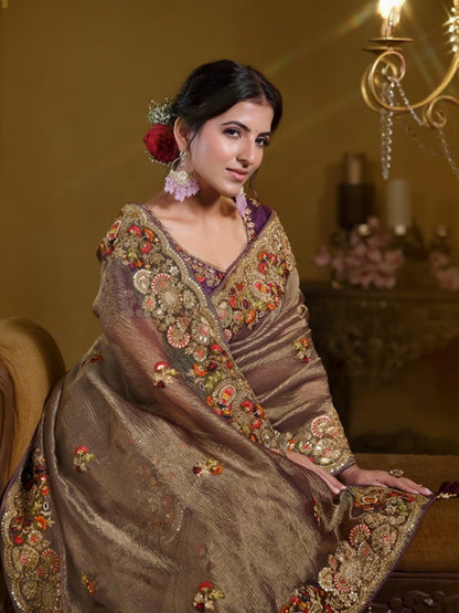 Flattering Purple Banarasi Crush Silk Embroidery Saree
