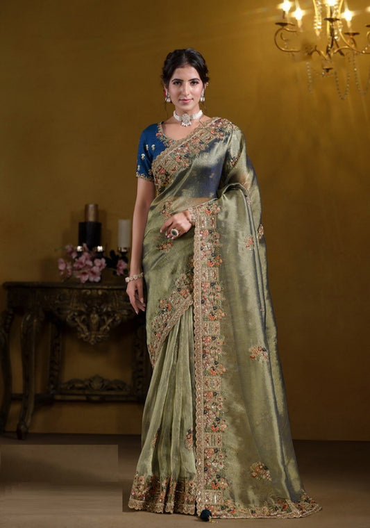 Sublime Light Green And Blue Georgette With Zari Organza Silk Silk Embroidery Saree
