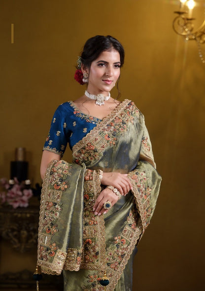 Sublime Light Green And Blue Georgette With Zari Organza Silk Silk Embroidery Saree