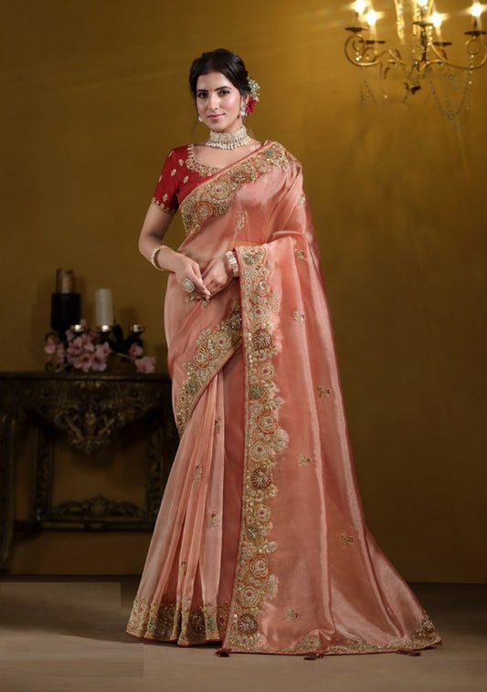 Iconic Peach Tissue Silk Embroidery Saree