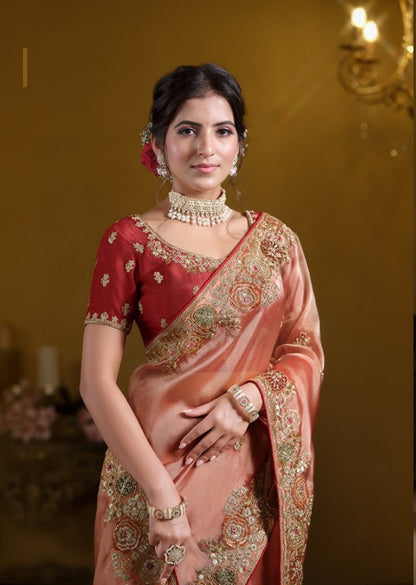 Iconic Peach Tissue Silk Embroidery Saree