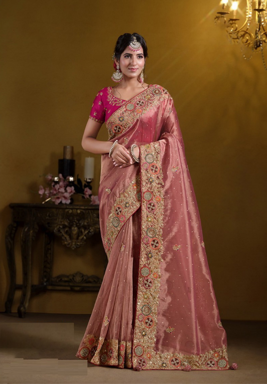 Couture Pink Organza Silk Silk Embroidery Saree