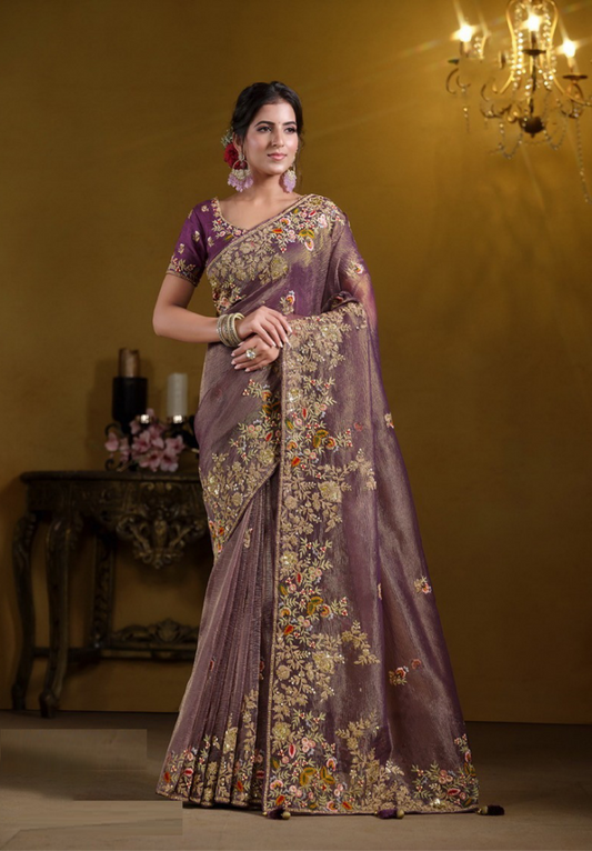 Tailored-To-Perfection Violet Banarasi Crush Silk Embroidery Saree